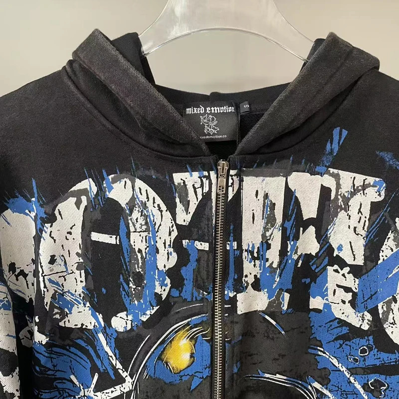 MIXED EMOTION Hooded Sweatshirts Rapper Hip Hop High Quality Graffiti Full Print Zipper Hoodie Mens Womens Clothing 250825