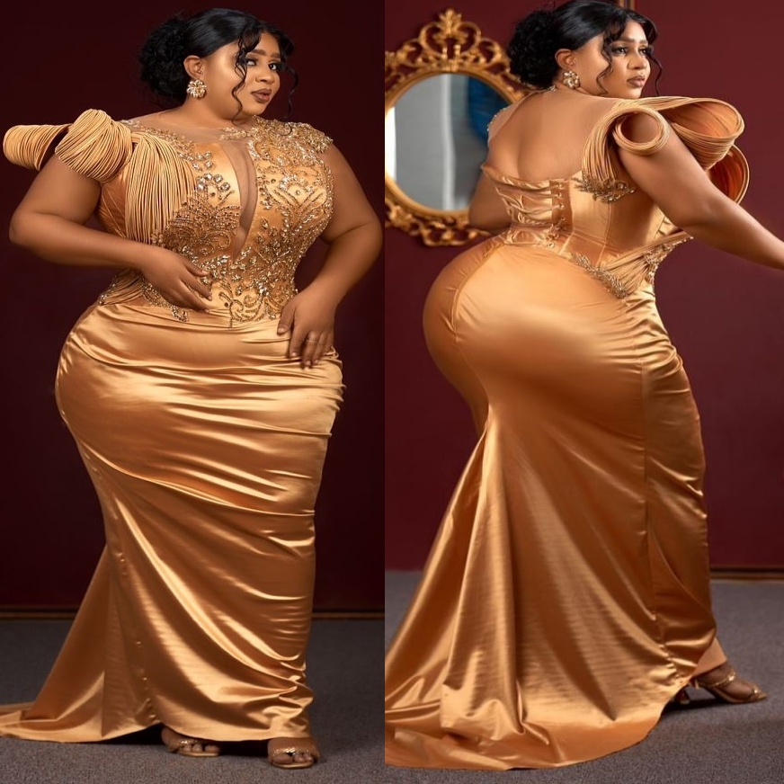 Mermaid Gold Plus Size Prom Dresses 2025 Lace Crystals Satin Sheer Neck Evening Formal Party Second Birthday Engagement Gowns Dress For Special Occasi