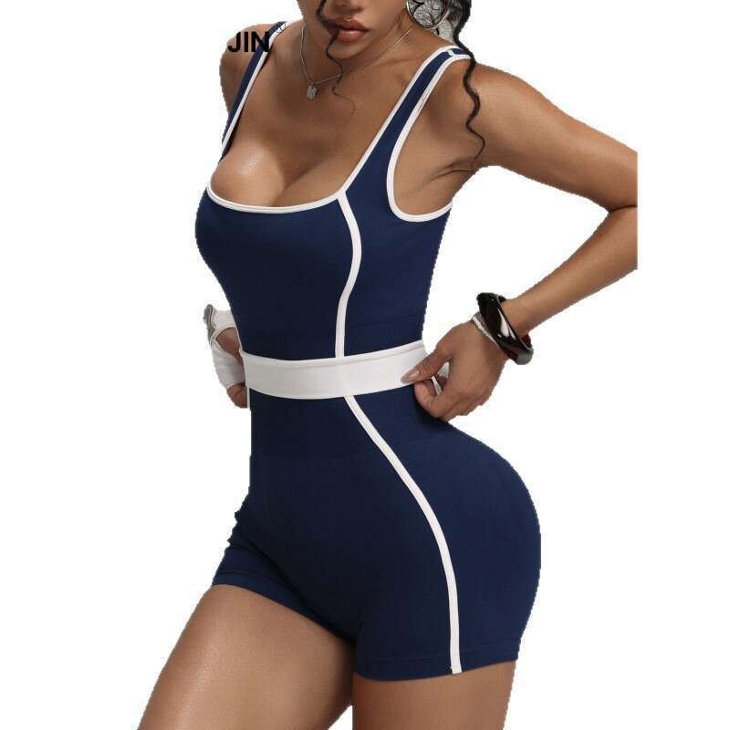 Color-Block Tank Yoga for Women, Waist-Cinching Shorts, Fitness Tight Sports Jumpsuit f0 06