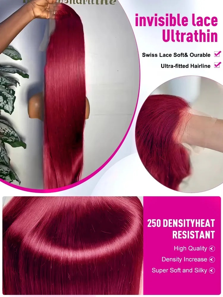 30 40 Inch Burgundy High Density Red Color Preplucked Hairline Wear And Go 13x6 HD Lace Frontal Human Hair Wigs Gluelesss Straight Lace Front Wig For 