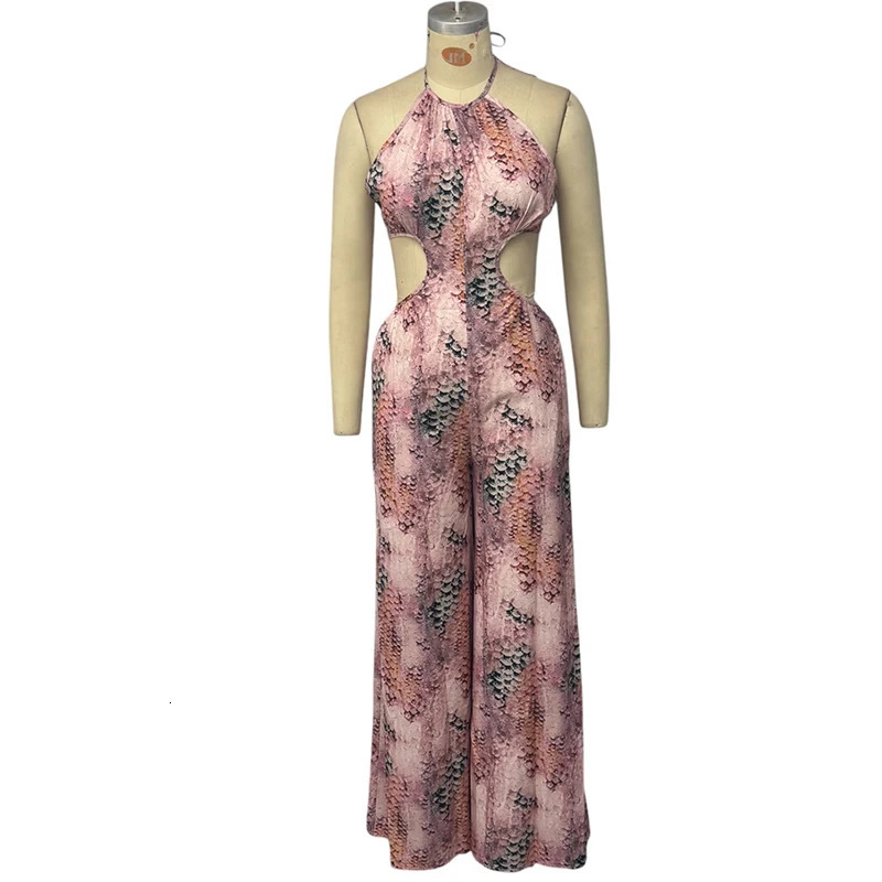 Wefads Jumpsuit Women Casual Fashion Sleeveless Printed Halter Neck Backless Lace Up Loose Wide Legs Pants Rompsers 250825