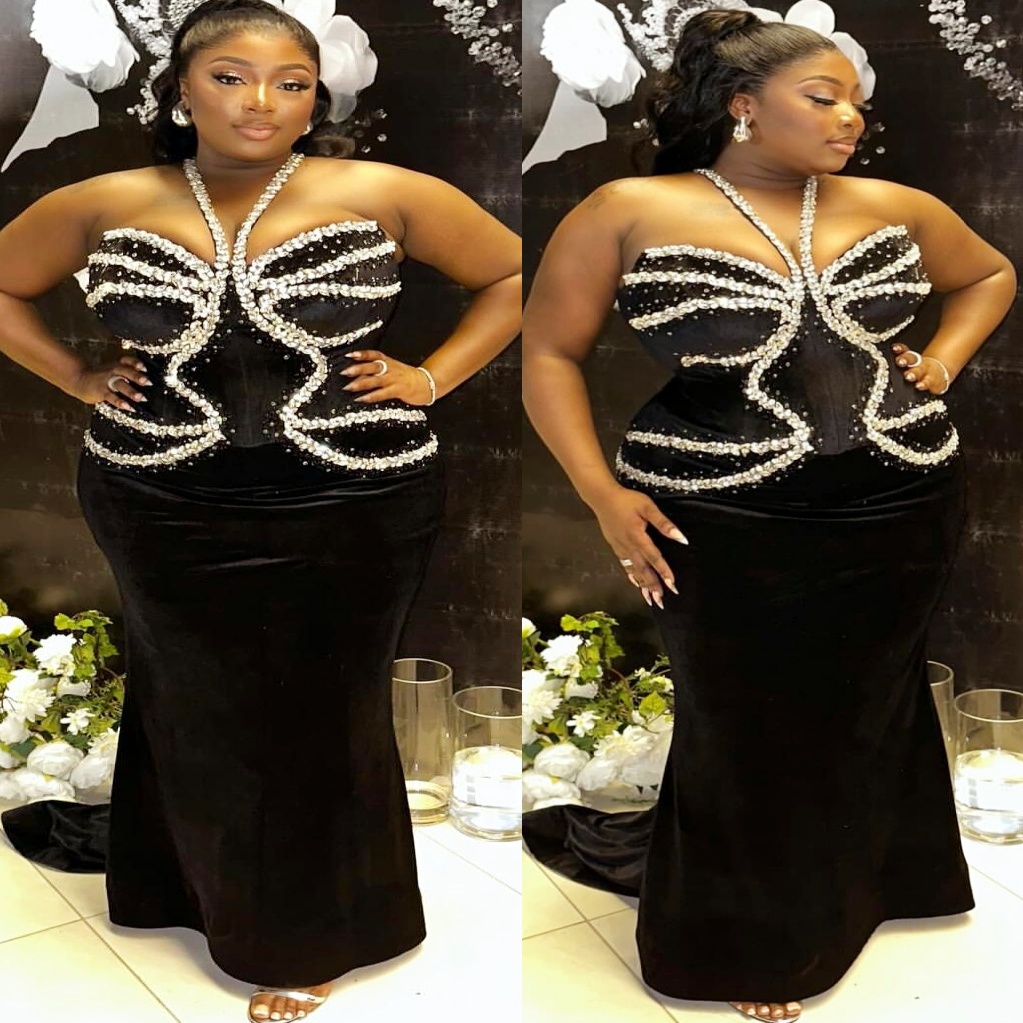 Black Mermaid Prom Dresses 2025 Beaded Crystals Halter Velvet Stylish Evening Formal Party Second Birthday Engagement Gowns Plus Size Dress For Specia