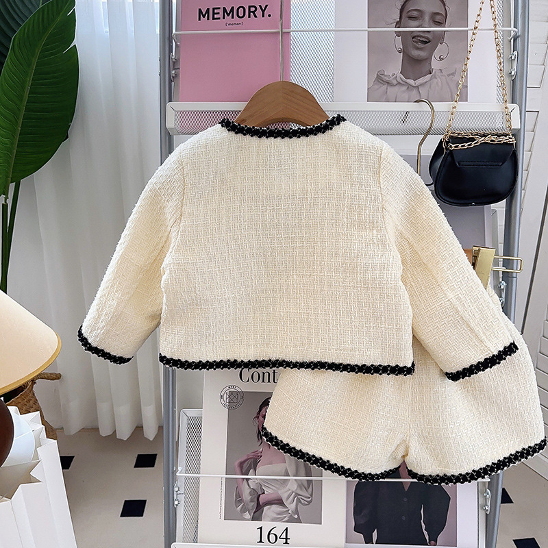 2025s New Girls' Spring Autumn Outfit Set Fashionable French Style Elegant Jacket & Pants Two Piece