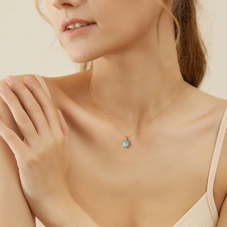 Simple Fashion Disc S Sterling Sier Natural Larimar Pendant Necklace 14K Gold Plated fine jewelry for women