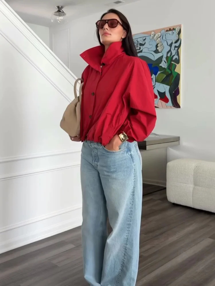 Y2K Turn Down Collar Zipper Coat Chic Red Long Sleeve Women Bomber Jacket Autumn Lady Single Breasted Outerwear Street 250825