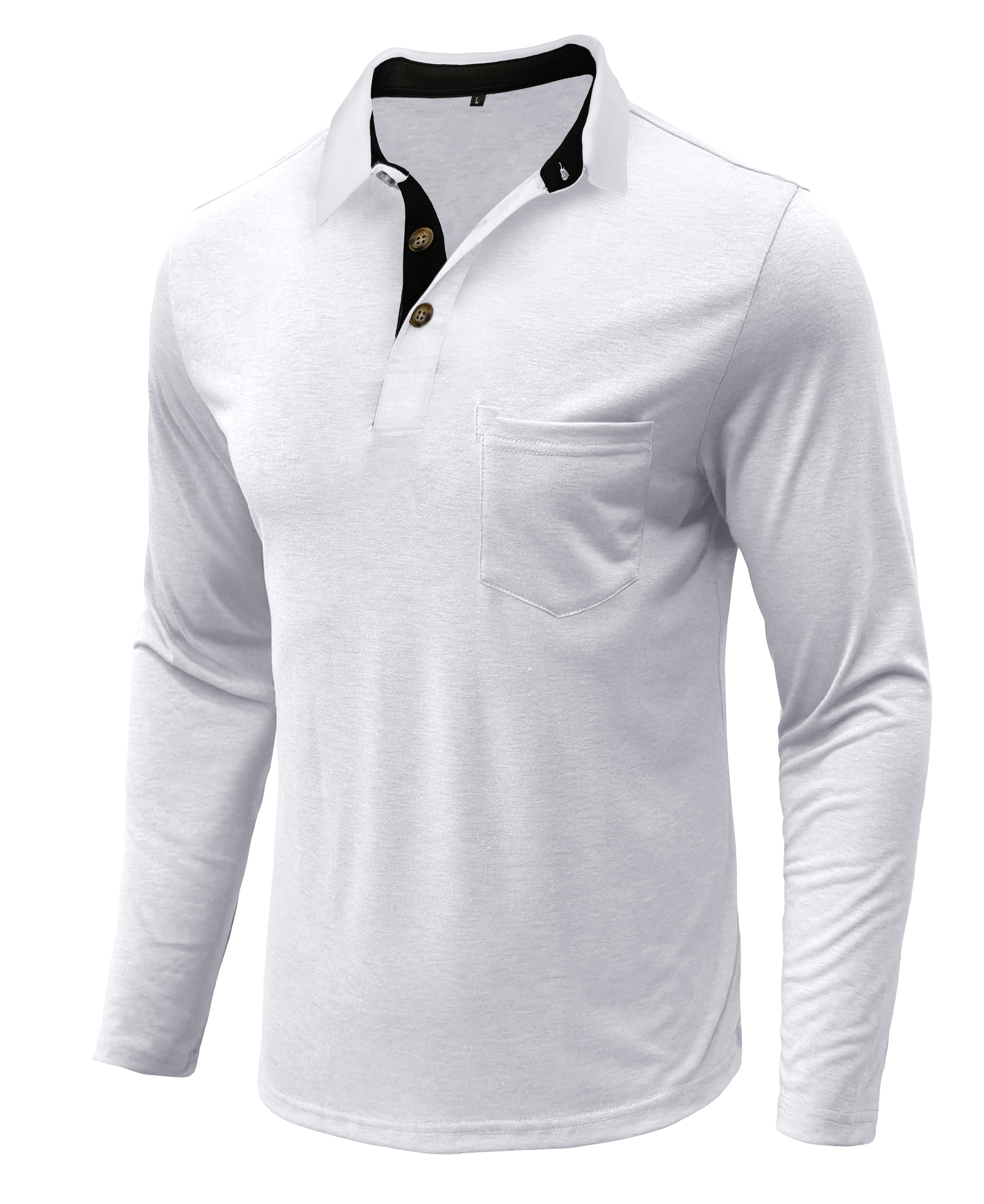 Men's Long - Sleeve White Polo Shirt with Contrast Inner Collar and Chest Pocket
