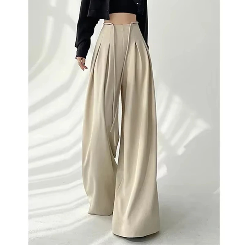 Streetwear Wide Leg Women Korean Black High Waist Suit Pants Summer Fashion Elegant Lace Up Straight Trousers Z260314