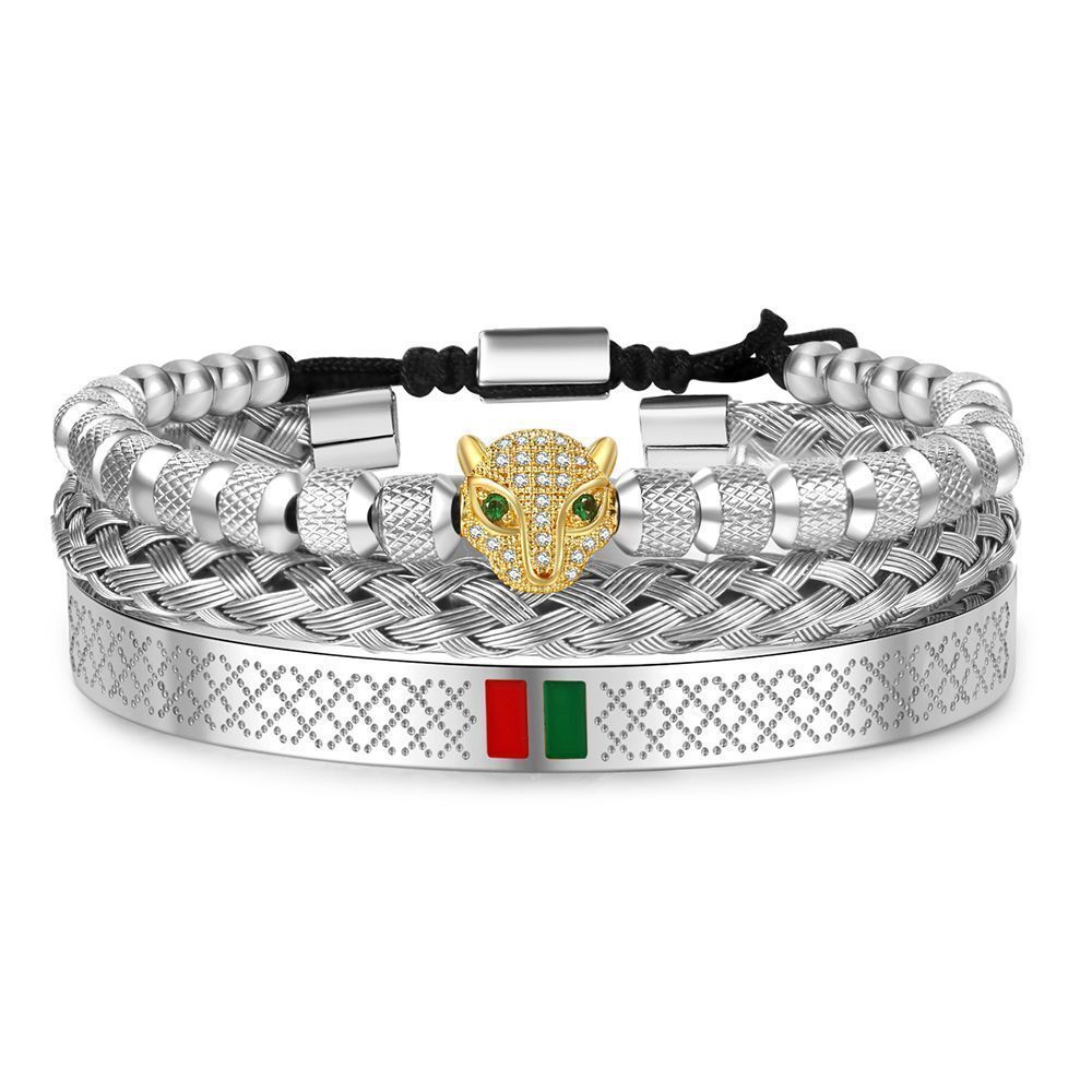 Hip-Hop Men's Copper Inlaid Zircon Leopard Head Stainless Steel Bracelet Bangle Set Non-Fading Internet Celebrity Style Jewelry 50b