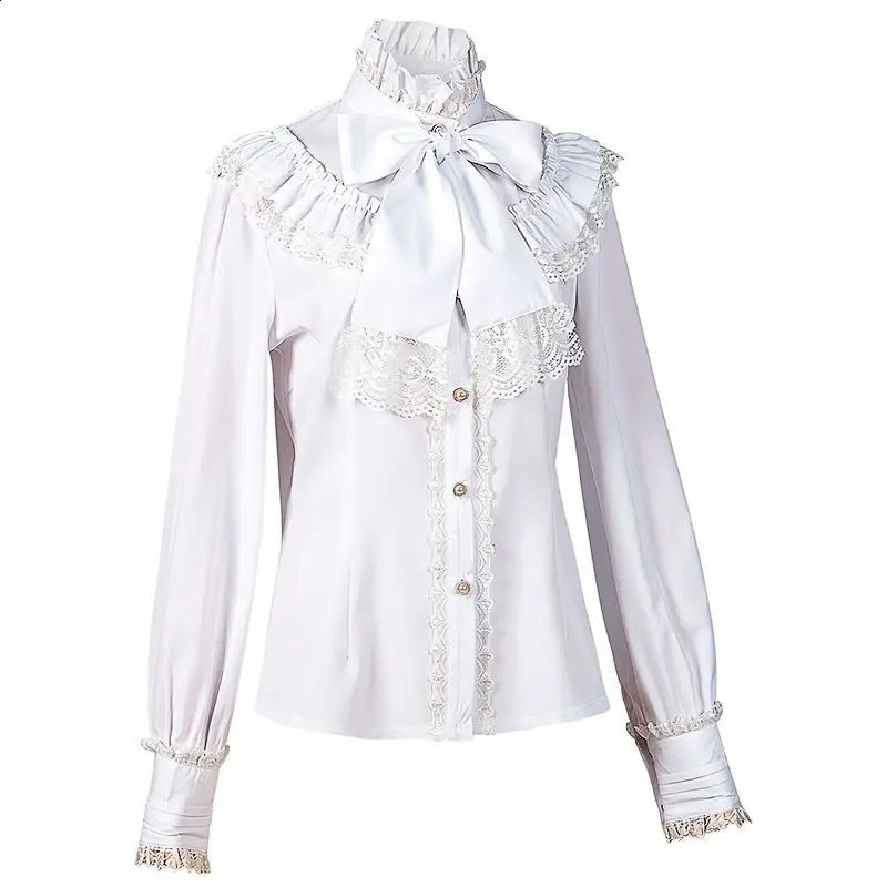 Spring Womens Shirt Medieval Prince Poet Frills Lace Up Stand Neck Vintage Gothic Blouse Cosplay Performance Tops 250823