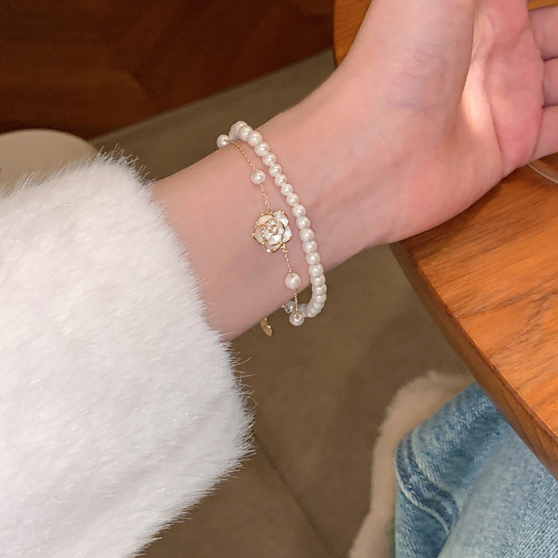 Summer Pearl Beaded Camellia Double Layer for Women, Light Exquisite French Style Bracelet with High-End Feel