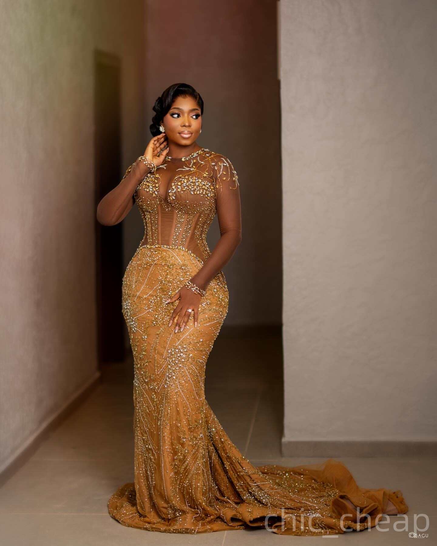 Gold Mermaid Prom Dresses 2025 Illusion Crystals Beaded Sequined Evening Formal Party Second Birthday Engagement Gowns Plus Size Dress For Special Occ