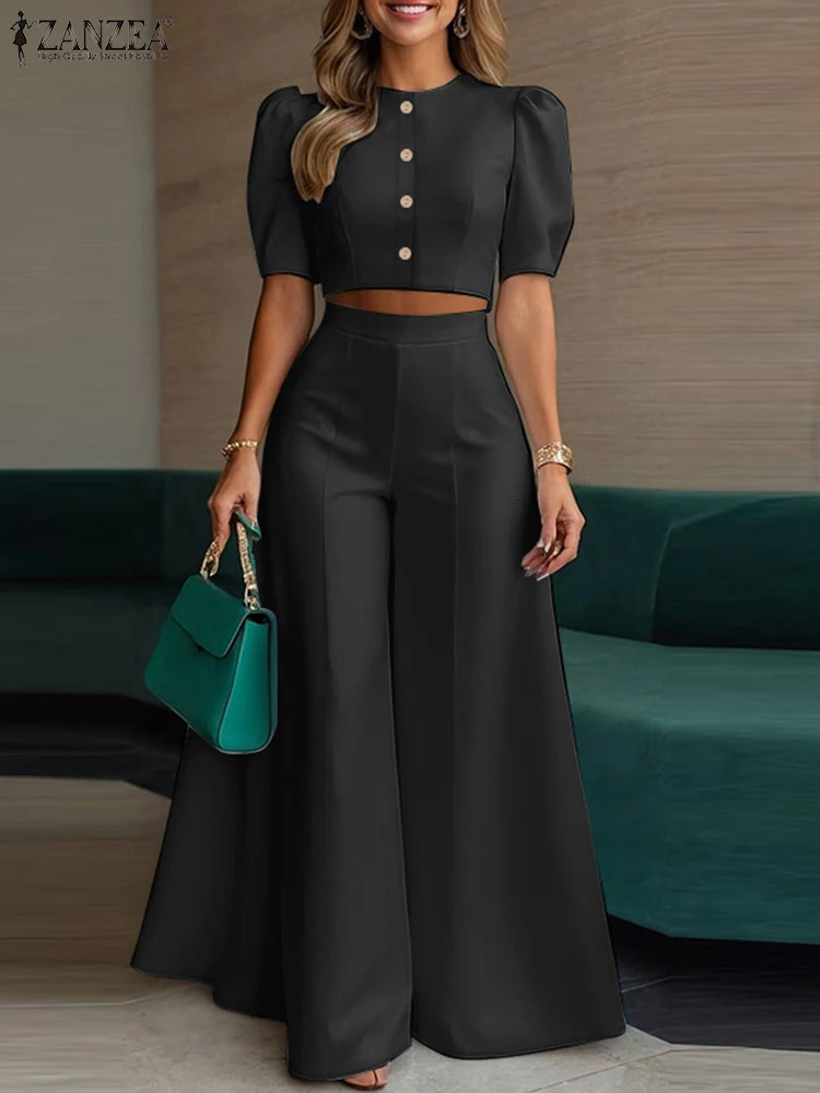 ZANZA Fashion Summer Trousers Suit 2PCS Women Matching Sets Elegant Short Sleeve Blouse Wide Leg Pant Sets OL Work Outfits 250825