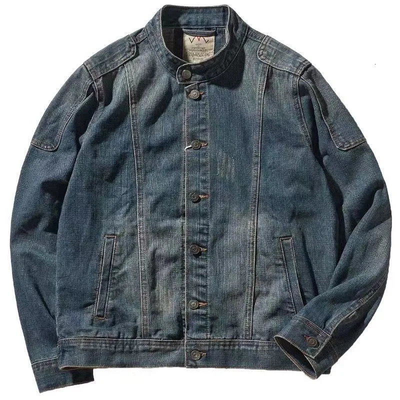 Denim Jacket Mens Vintage Buttons Spring Autumn Oversize Work Jackets Stand Collar Long Sleeves Single-breasted Cow Tops 250825