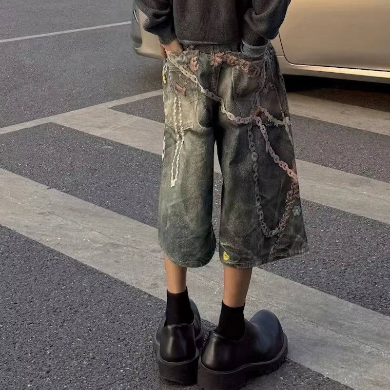 MIJKO 3D Candy Chain Print Baggy Jeans Shorts for Men Streetwear Summer Wide Leg Patchwork Casual Loose Knee Length Pants Oversized