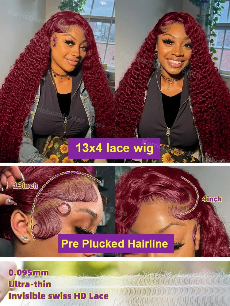30 40 Inch Deep Wave Preplucked Hairline 13x6 Curly Human Hair Wig High Density Burgundy Water Wave Wig Gluelesss 13x4 HD Lace Frontal Wigs