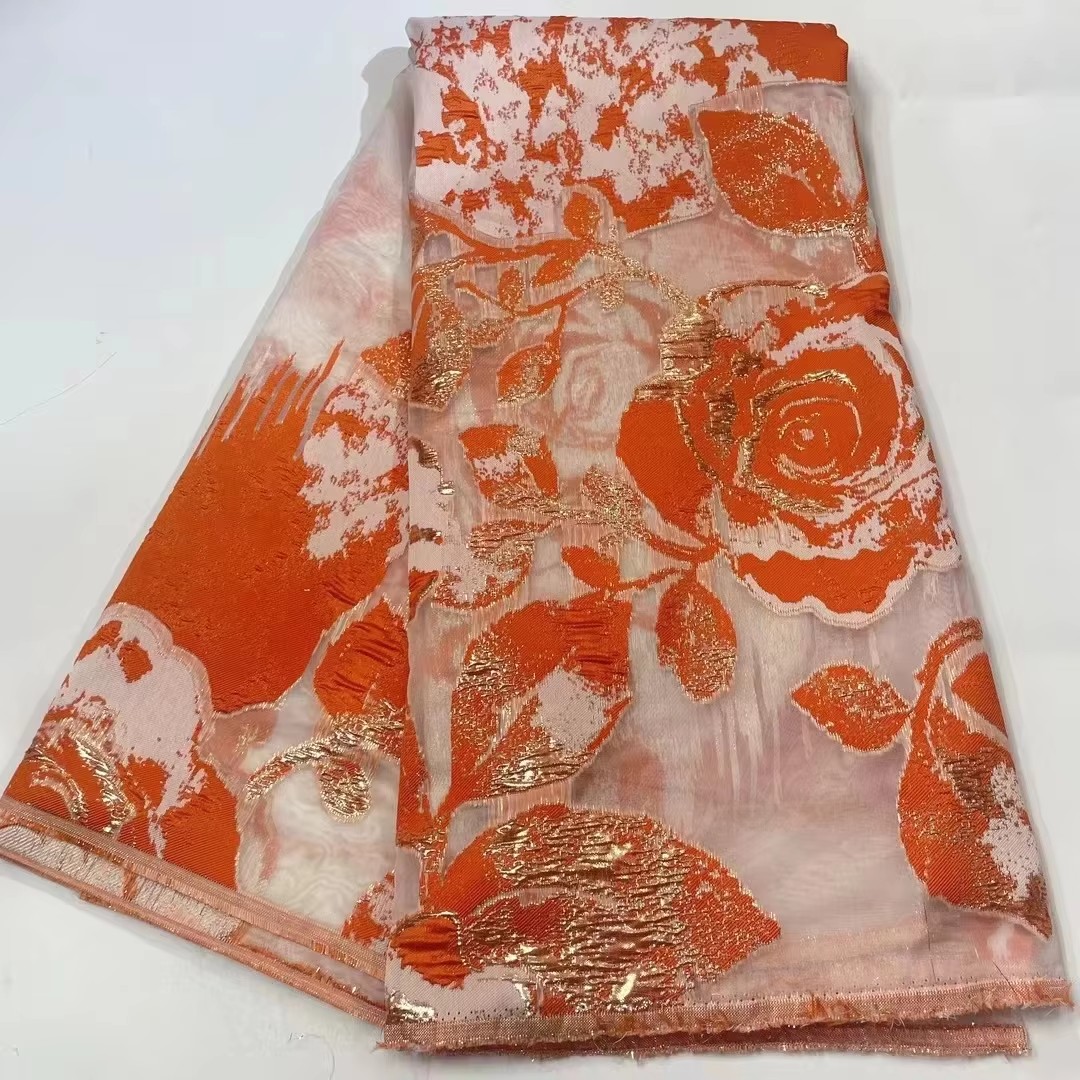 Brocade Jacquard Fabric 2025 French Style Damask Tulle Mesh Lace Fabric Rose Design Evening Dress Sewing Material 5 Yards