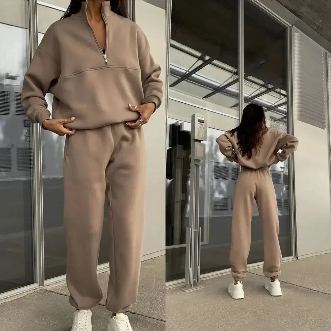 Casual Long Sleeve Sweatshirts and Trousers Fleece Two Piece Sets Lady Suit Womens Tracksuit Autumn Warm Hoodie 250825
