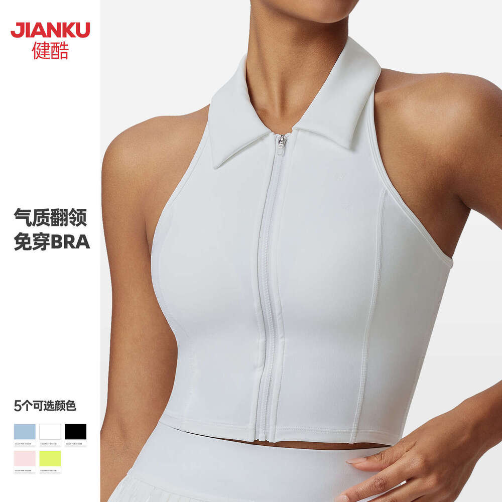 Women's Sports Top with Fixed Cup Pads, Stand Collar Yoga Shirt, High-End Feel, Outerwear Polo Golf T-Shirt a3