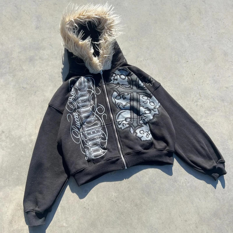 Y2K Zip Up Hoodie Print Letter Skull Fur Collar Zipper Sweatshirt Retro Trendy Personality Coat Unisex Oversized Streetwear 250825