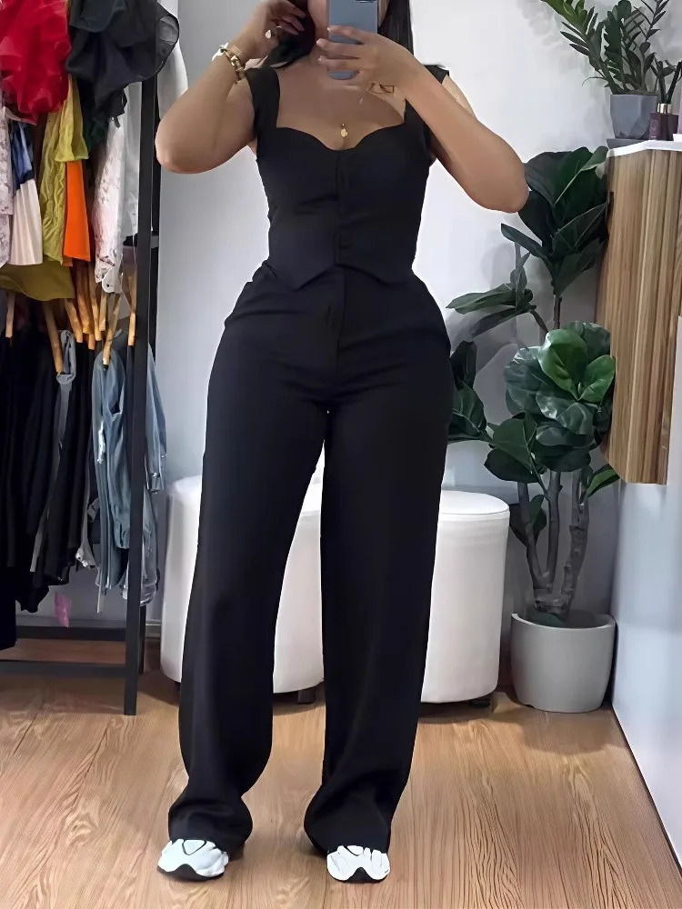 Chic Women Suit Y2k Sexy Two Piece Set Summer Sleeveless Slim Vest And Wide-leg Trouser Sets Elegant Solid Pants Womens Outfit 250825