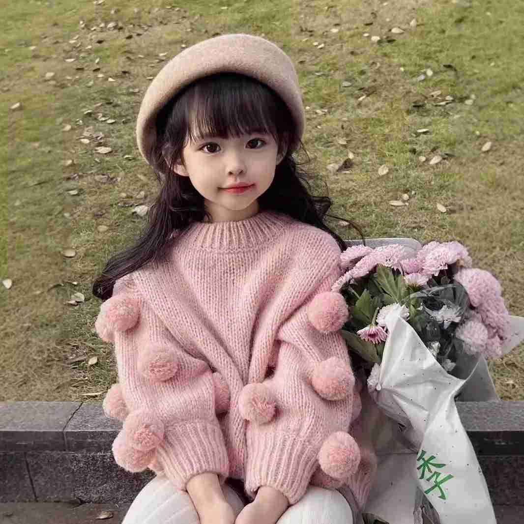 MILANCEL New Autumn Kids Sweater 27T Sweet Solid Color Hair Ball Decoration Girls Pullover Korean Loose Thin Children Tops M250825