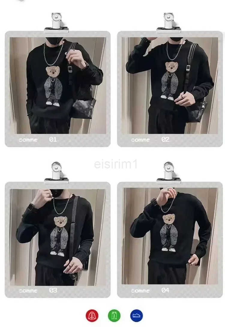 Winter Mens Knitted Sweater O-neck Bear Embroidery Casual Knitwear Inner Lap Pullovers Long Sleeve 2025 Vintage Sweater Jumpers Z250825
