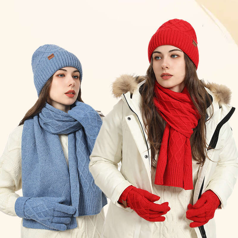 casquette beanie cap Scarf, Gloves, Three-Piece Set Winter Cold-Proof Ear Protection Knitted Outdoor Warm Hat