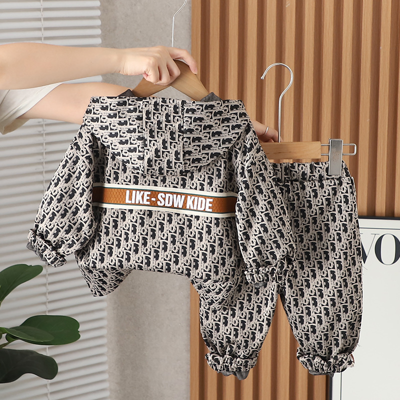 2025s New Kids' Autumn Outfit Korean Style Boys Girls Hooded All-over Print Bear Jacquard Cardigan Jacket Casual Two Piece Set