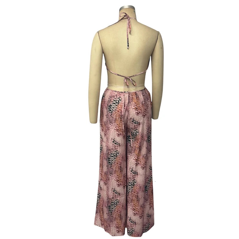 Wefads Jumpsuit Women Casual Fashion Sleeveless Printed Halter Neck Backless Lace Up Loose Wide Legs Pants Rompsers 250825