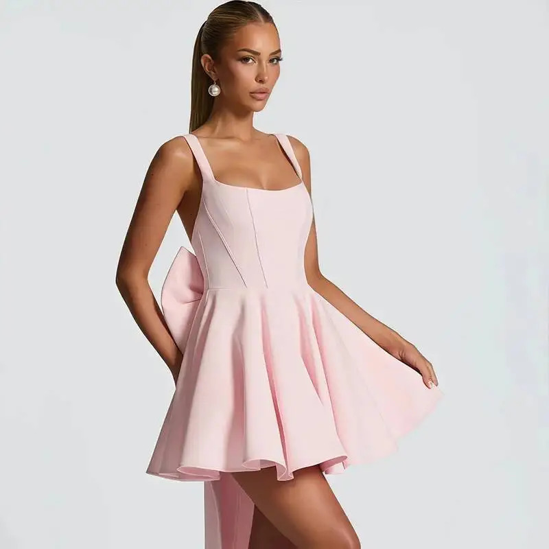 Giyu Sexy Bow Evening Club Party Dresses Women Summer Mini Short Pleated Dress Elegant Sleeveless Backless Corset Vestidos 250825
