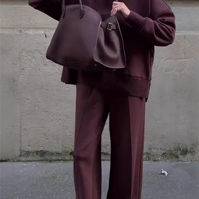 Knitted Solid Women Sweater Set High Waist Wide Leg Lady Pants Sets 2025 Elegant Casual Collar Loose Female Pullover Suit y250823