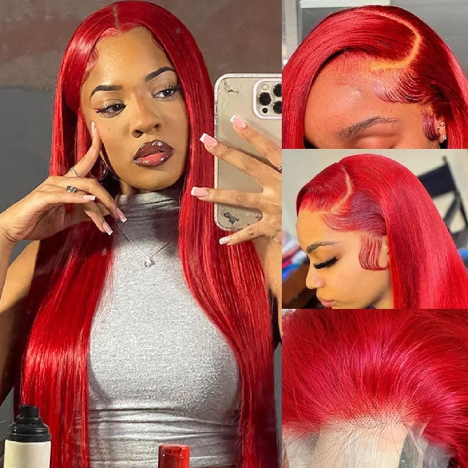 13X4 High Density Lace Frontal Human Hair Wigs For Women Hot Red Bone Straight Preplucked Hairline Brazilian Pre Plucked Gluelesss Burgundy Colored La