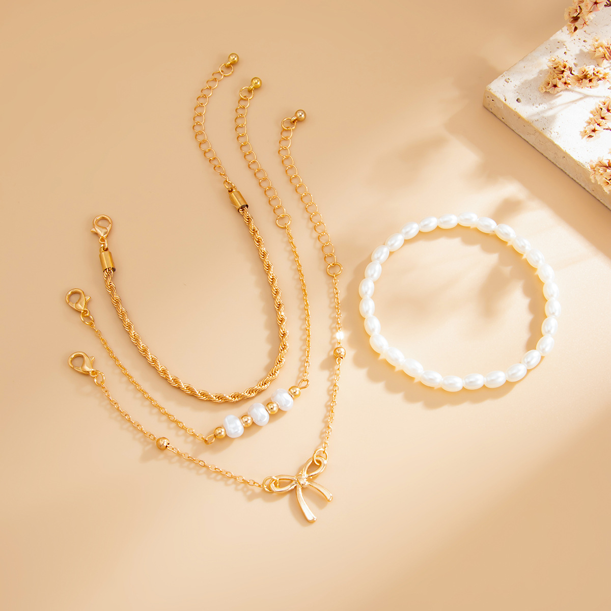 Minimalist Pearl Metal Twist Cross Bracelet Dainty CCB Beaded Chain for Women