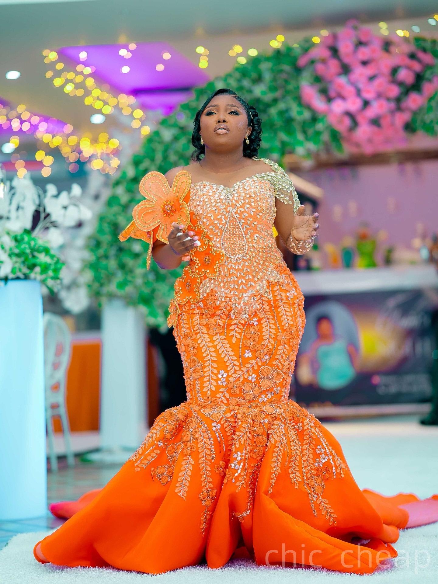 Mermaid Orange Plus Size Prom Dresses 2025 Floral Lace Crystals Flowers Satin Evening Formal Party Second Birthday Engagement Gowns Dress For Special 
