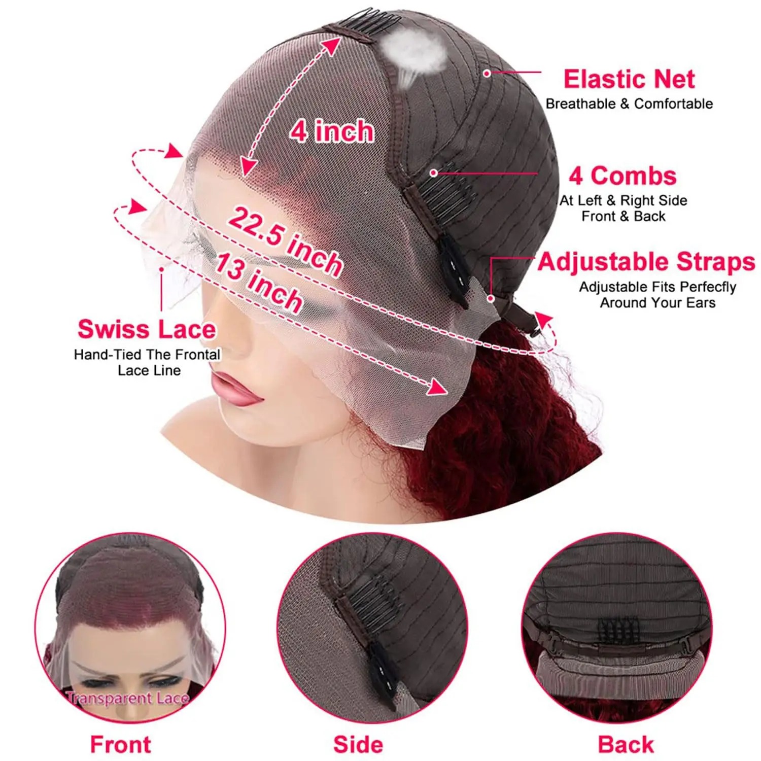 13x6 Hd Lace Front Wigs Human Hair Deep Wave High Density Transparent Lace Wear And Go 13x4 Lace Frontal Wigs for Black Women Glueless Burgundy Wig Pr