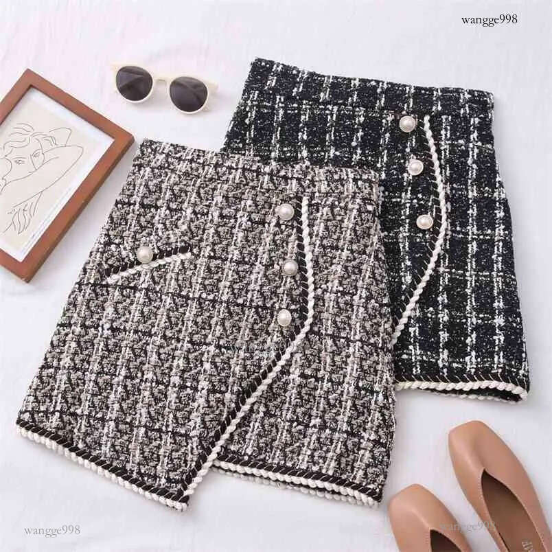 Tweed Skirts for Women Solid High Waist Slimming Autumn Spring Buttons Double Breasted Wool Mini Skirt 210705