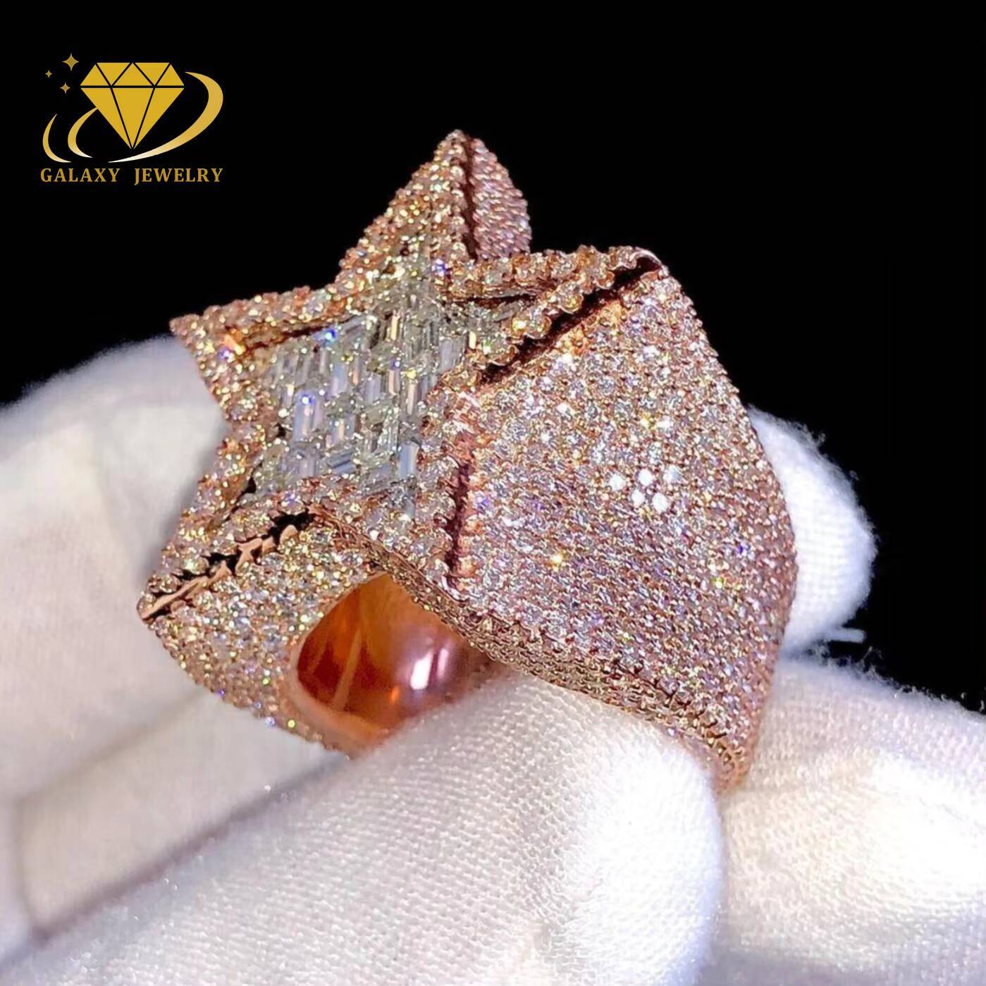 Fashion Fine Jewelry 925 Sterling Silver Hip Hop Ring Iced Out Baguette Vvs Moissanite Diamond Star Ring for Men Women