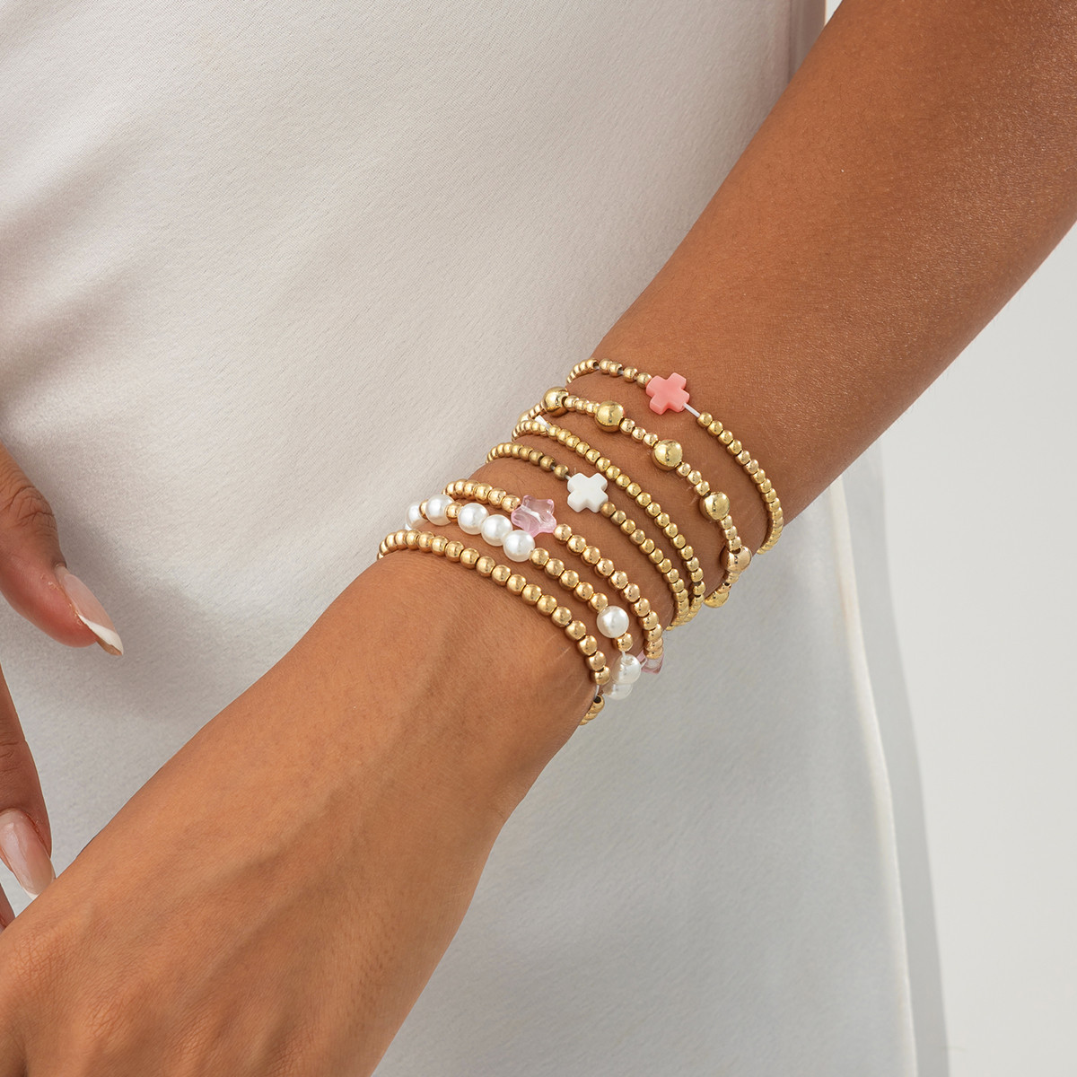 Minimalist Pearl Metal Twist Cross Bracelet Dainty CCB Beaded Chain for Women