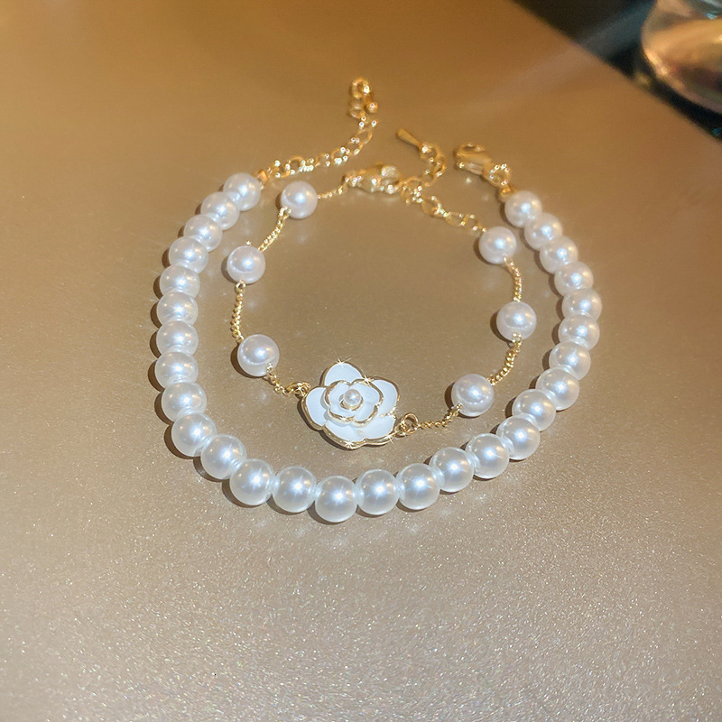 Summer Pearl Beaded Camellia Double Layer for Women, Light Exquisite French Style Bracelet with High-End Feel
