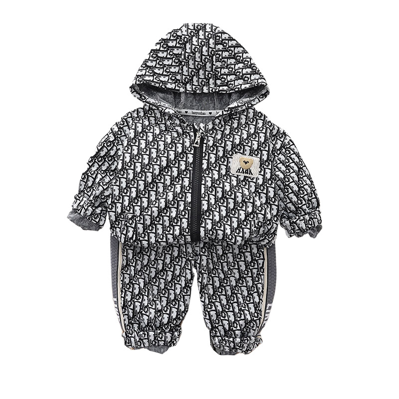 2025s New Kids' Autumn Outfit Korean Style Boys Girls Hooded All-over Print Bear Jacquard Cardigan Jacket Casual Two Piece Set