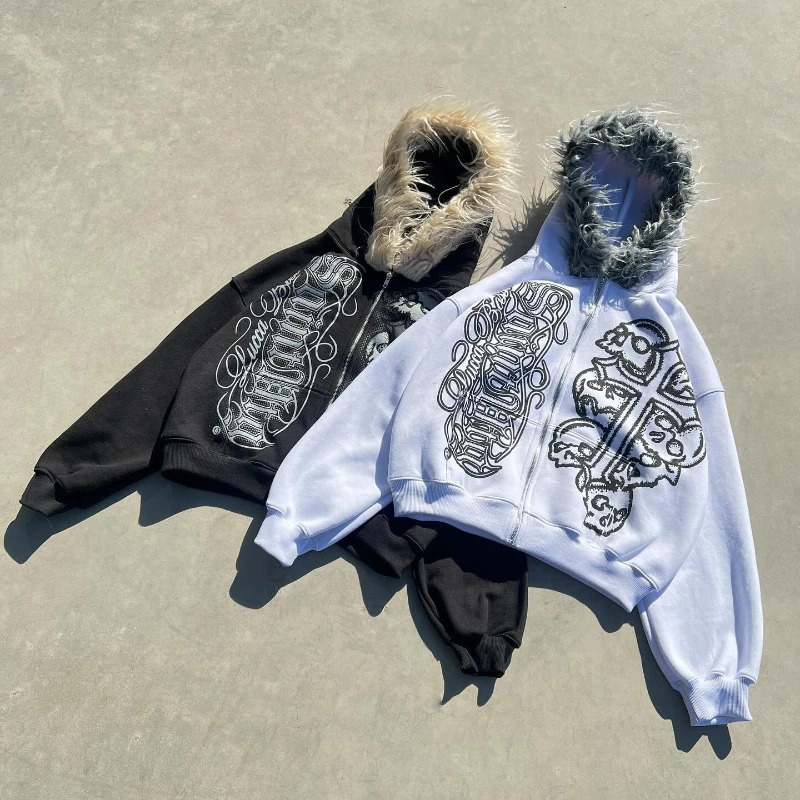 Y2K Zip Up Hoodie Print Letter Skull Fur Collar Zipper Sweatshirt Retro Trendy Personality Coat Unisex Oversized Streetwear 250825