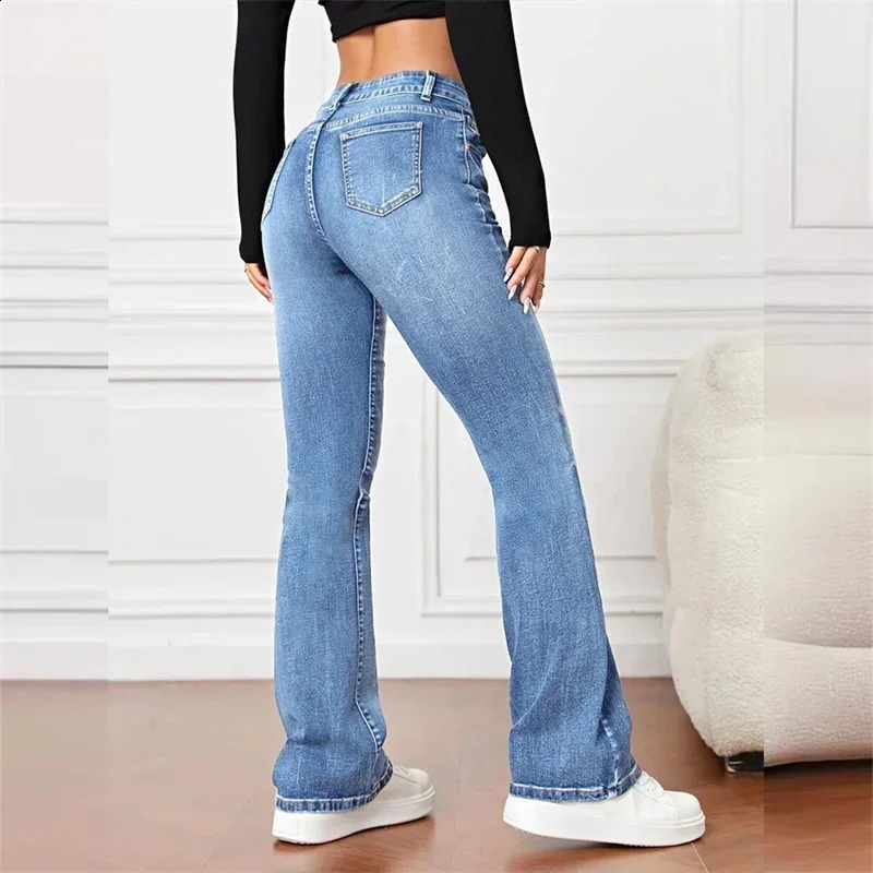Women Casual Micro Flares Jeans Vintage Mid Waist Button Splice Denim Pants Female Office Trousers Trend Streetwear Z260313
