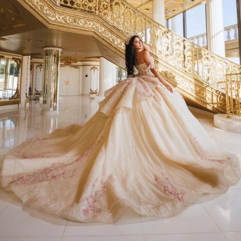 Beige Shiny Off The Shoulder Quinceanera Dresses Ball Gown Sweet 16 Dress Applique Lace Beads Tull Vestidos De 15 Anos Birthday Party