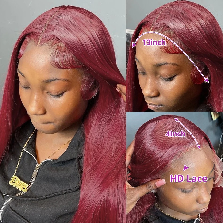 HD Lace Frontal Human Hair Wig Straight Red Pre-Cut Preplucked Hairline 13x4 Lace Front Human Hair Wigs For Women Gluelesss Wine Red Colored 200 High 