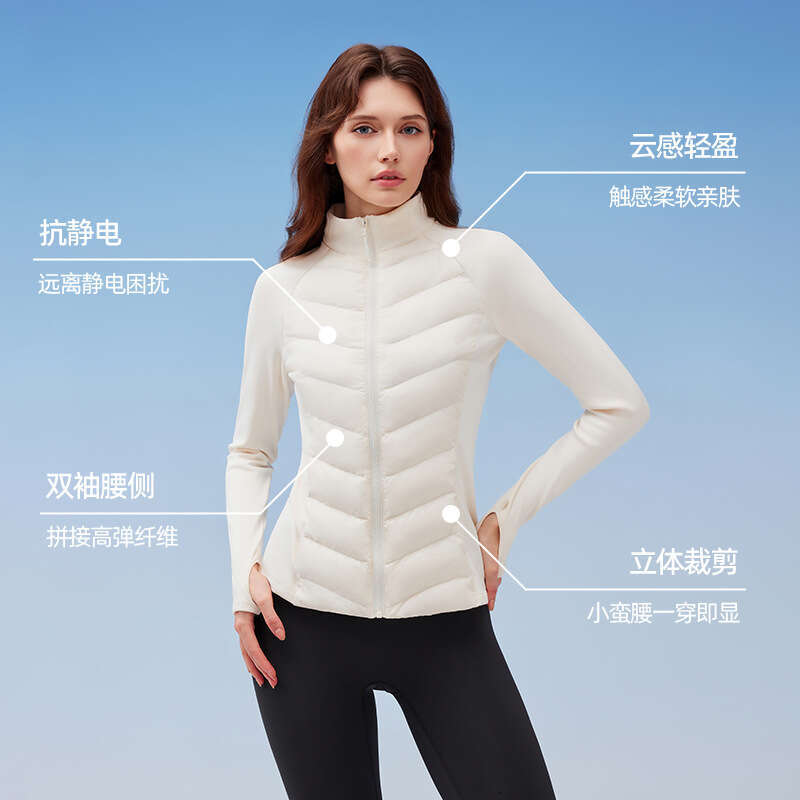 3-Proof Sports Down Jacket for Women, Outdoor Running, Windproof, Warm, Fitness Top, Lightweight, Slim Fit, Stand Collar, Ribbed Coat d9 01