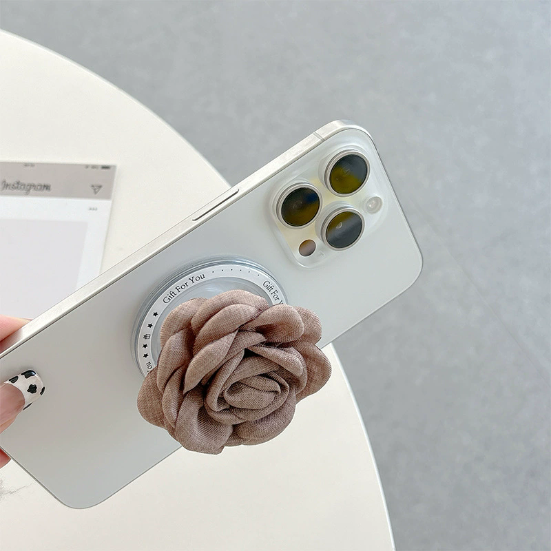 Magnetic Desktop Phone Stand with Cloth Camellia 3D Design - Portable Stable Holder for Watching Videos/Video Calls (Pink/Blue/Ivory/Brown)