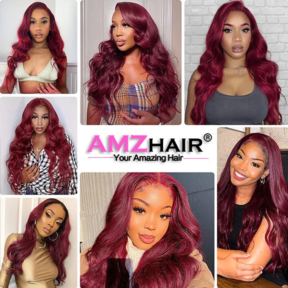 Burgundy Body Wave Transparent Gluelesss Pre-Cut 13x4 Lace Front Wigs Human Hair Hd Transparent Lace Dark Red Colored Human Hair Wigs Brazilian Remy W