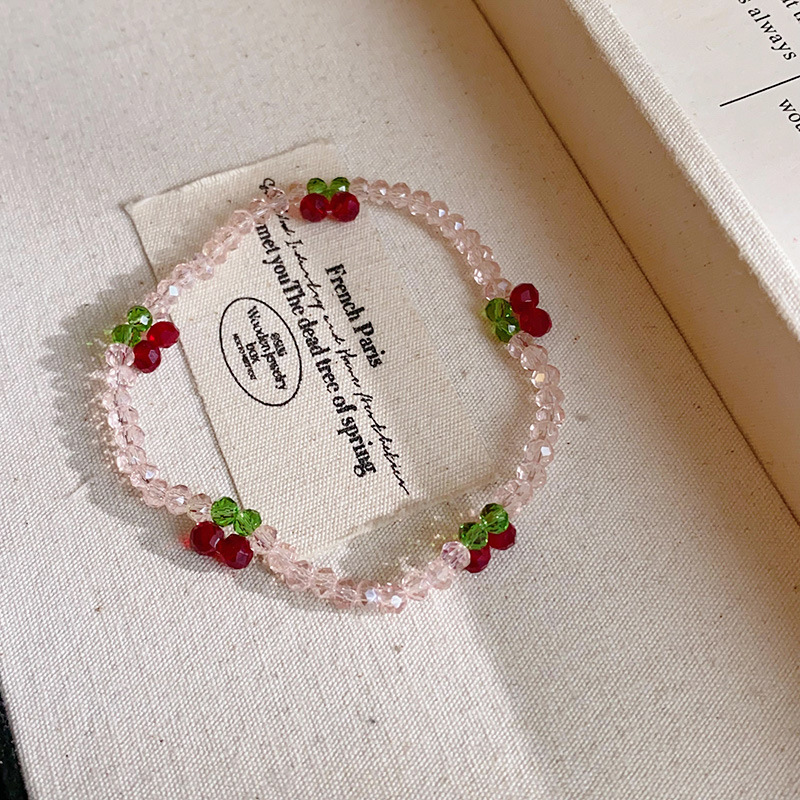 Pink Crystal Beaded Bracelet With Cherry - Shaped Red & Green Bead Charms Sweet Fresh Style Daily Wear Gift