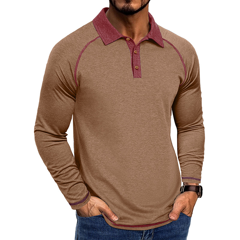 Men's Long - Sleeve Polo Shirt with Raglan Sleeves, Contrast Collar and Button Placket
