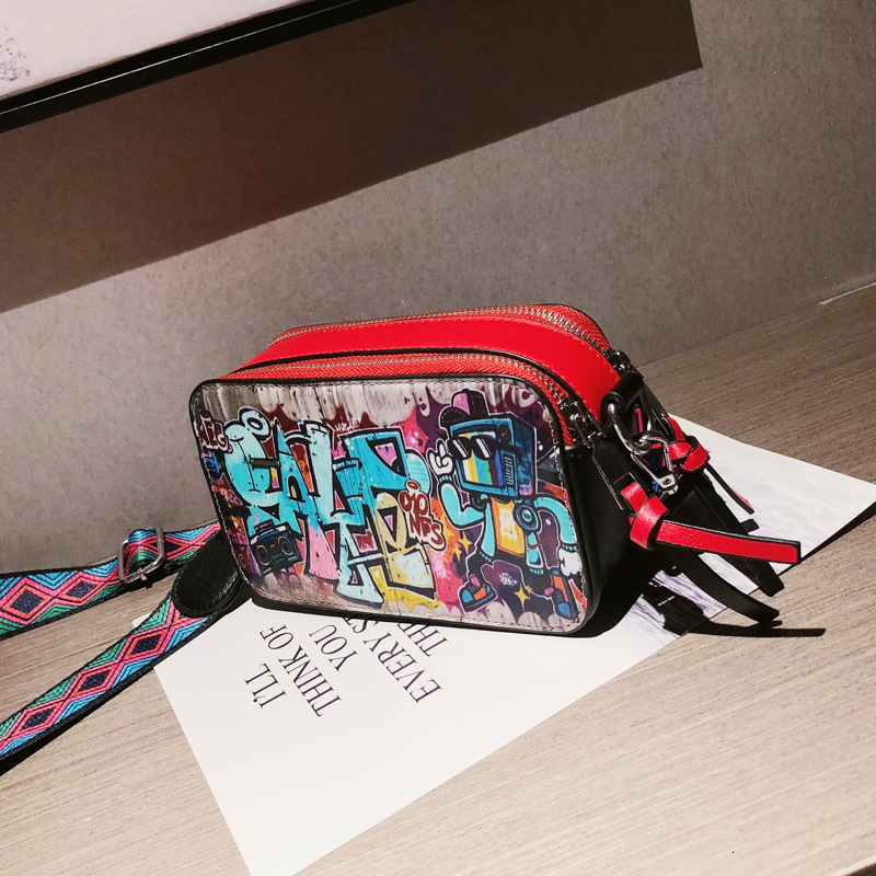 Free shipping designer bag luxury bag wholesale girl graffiti camera bag trendy fashion printed wide shoulder strap personalized single shoulder cross
